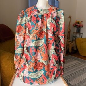 Womens Teal Tropical Leaf Print Long-Sleeve Top